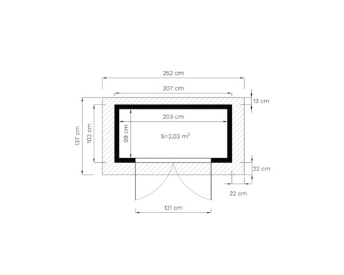 Teknisk ritning med måtten på ett trädgårdshus