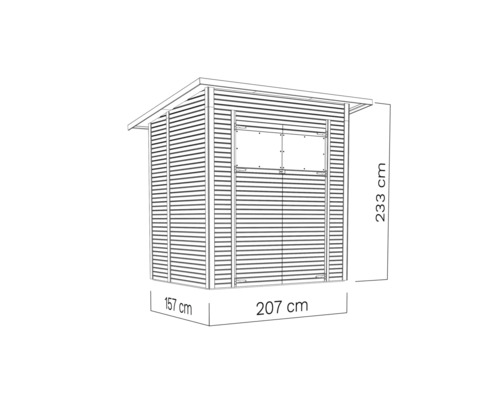 Bild av ett trädgårdsskjul som mäter 157 gånger 207 gånger 233 centimeter