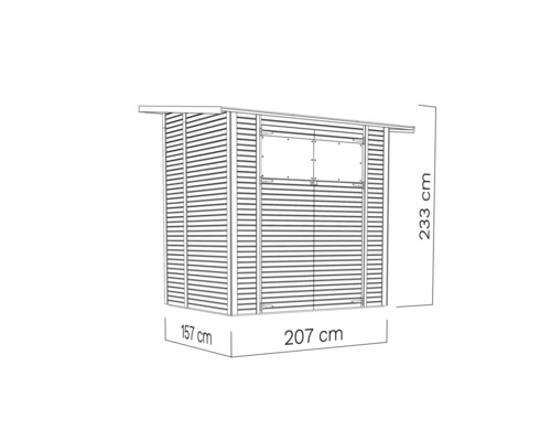 Illustration av ett trädgårdsskjul med måtten 233 cm högt, 157 cm djupt och 207 cm brett