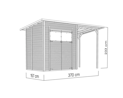 Skiss av ett trädgårdsskjul med tak och dimensioner