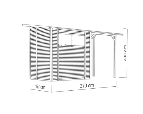 Illustration av ett redskapsbod med måtten 157 gånger 370 gånger 233 centimeter