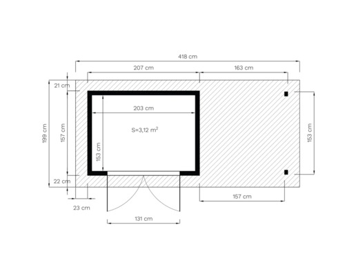 Planritning med mått för ett trädgårdshus