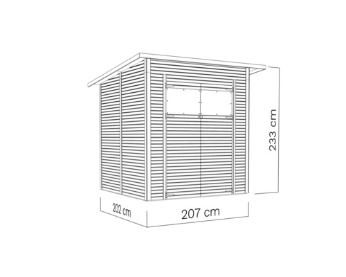 Trädgårdsskåp av trä med måtten 202 gånger 207 gånger 233 centimeter.