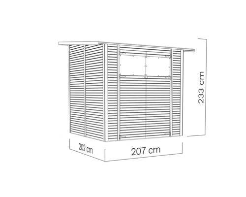 Illustration av ett trädgårdsskjul med måtten 233 cm höjd, 207 cm bredd och 202 cm djup.