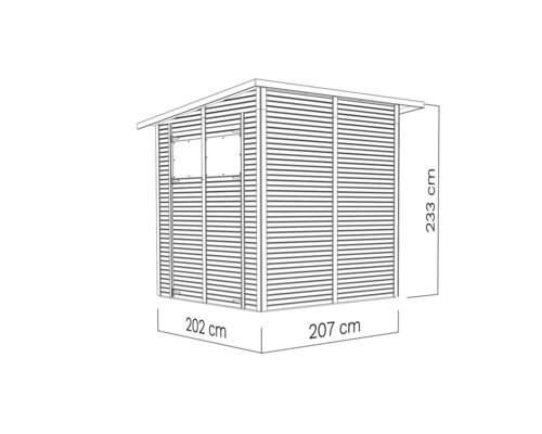 Bild av ett trädgårdshus med måtten 202 cm x 207 cm x 233 cm.