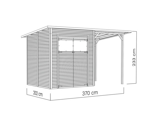 Illustration av ett trädgårdsskjul med tak och måtten 202 gånger 370 gånger 233 centimeter.