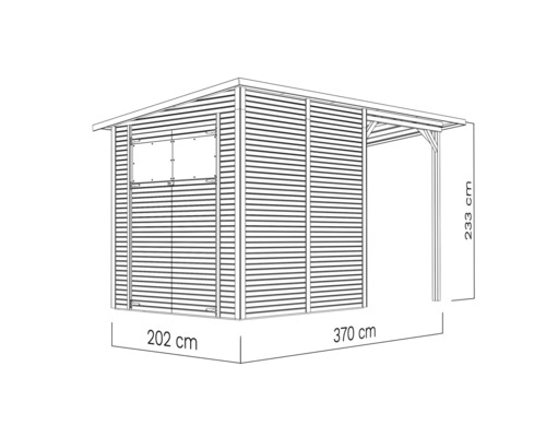 Illustration av ett trädgårdshus med en bredd på 202 centimeter, ett djup på 370 centimeter och en höjd på 233 centimeter.