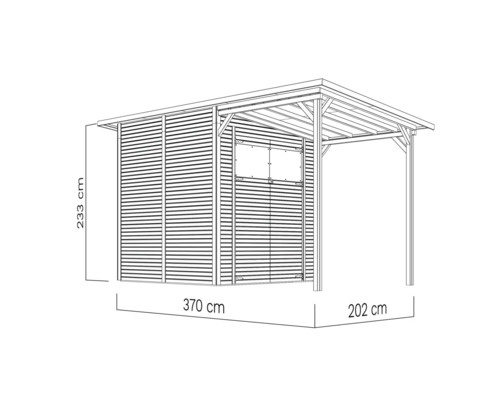 Bild av ett trädgårdsskjul med måtten 233 cm högt, 370 cm långt och 202 cm brett.