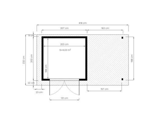 Planritning av ett trädgårdshus med dimensioner