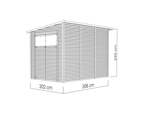 Illustration av ett trädgårdshus med måtten 202 cm bredd, 306 cm längd och 233 cm höjd