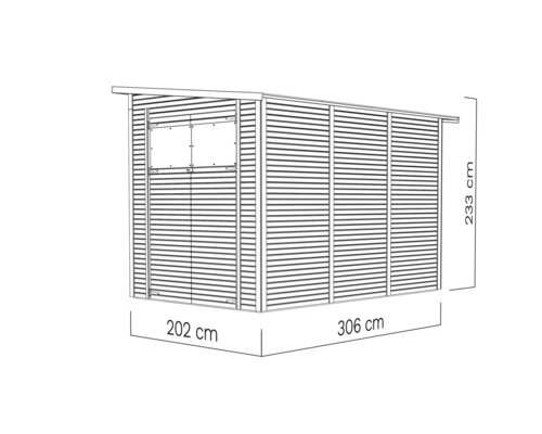 Illustration av en trädgårdsbod med måtten 202 centimeter gånger 306 centimeter gånger 233 centimeter.