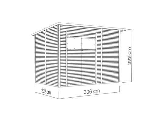Illustration av ett trädgårdsskjul med måtten 202 cm x 306 cm x 233 cm.