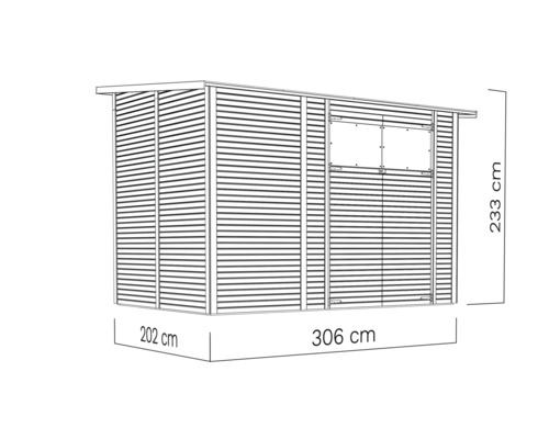 Illustration av en redskapsbod med måtten 306 cm längd, 202 cm bredd och 233 cm höjd