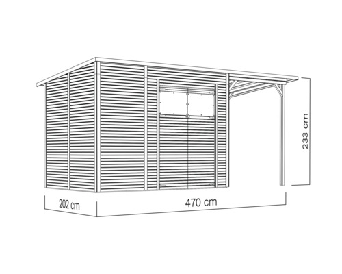 Bild på ett trädgårdshus med extra tak och måttangivelser.