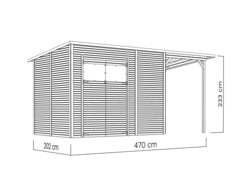 Bild av ett trädgårdsskjul med tak och mått