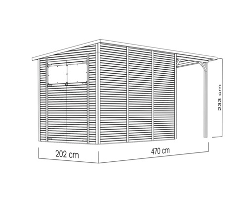 Illustration av ett trädgårdsskjul med måtten 202 cm bred, 470 cm lång och 233 cm hög.