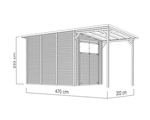 Illustration av ett trädgårdsskjul med en höjd på 233 cm, en bredd på 470 cm och ett djup på 202 cm.