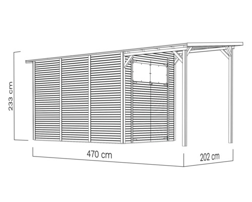 Illustration av en trädgårdsskjul med måtten 233 x 470 x 202 cm