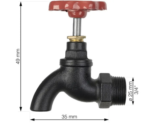 Vattenkran av metall med rött handtag och 25 millimeters diameter