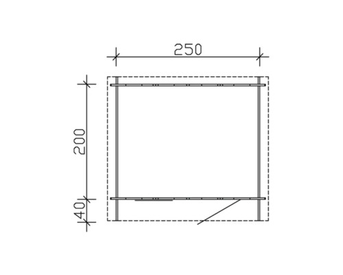 Teknisk ritning av en trädgårdsbox med måtten 250 x 200 x 40 cm