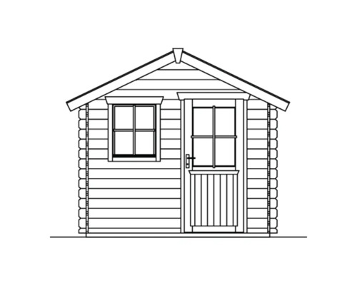 Illustration av ett trädgårdshus med dörr och fönster