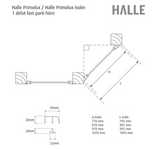 Halle Primolux Isoler hörnglas, teknisk ritning med mått
