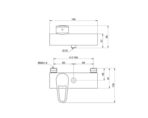 Teknisk ritning av en armatur med mått