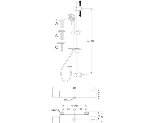 Teknisk ritning av en duschstång med handdusch och mått