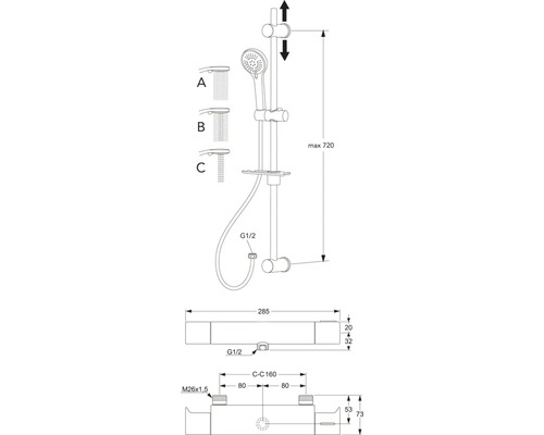 Teknisk ritning av en duschstång med handdusch och måttangivelser