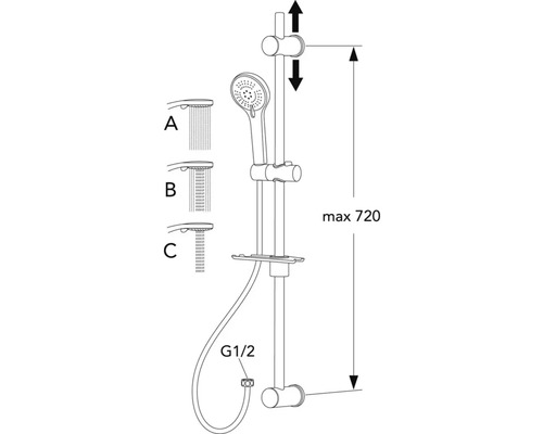 Teknisk ritning av ett duschset med handdusch och duschstång, maximal längd 720 millimeter