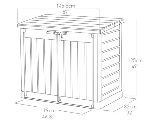 Konturskiss av en förvaringslåda med mått
