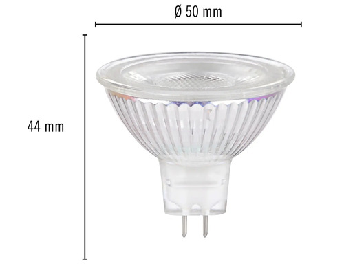 MR16-lampa med en diameter på 50 mm och en höjd på 44 mm.