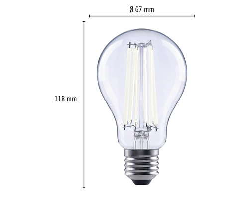 Bild av en klar LED-lampa med E27-sockel och måtten 118 mm höjd och 67 mm diameter.