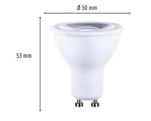 GU10 LED-lampa med dimensionerna 50 millimeter i diameter och 53 millimeter i längd
