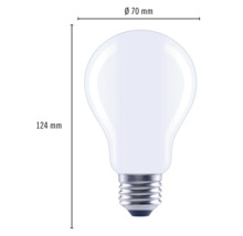 Bild på en glödlampa med måtten 70 millimeter i diameter och 124 millimeter i höjd.