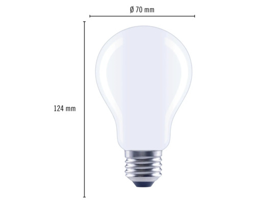 Bild på en glödlampa med måtten 70 millimeter i diameter och 124 millimeter i höjd.