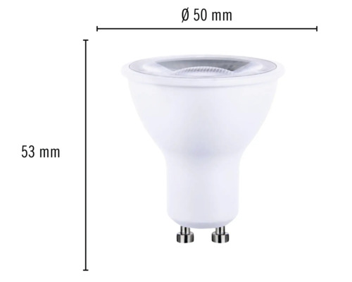 GU10 LED-lampa med måtten 50 millimeter i diameter och 53 millimeter i höjd