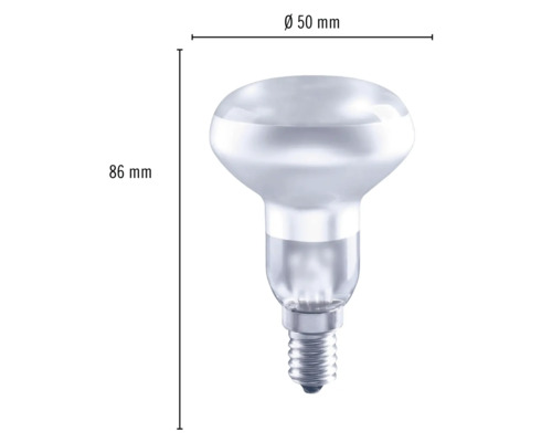 Reflektorlampa med måtten 86 mm höjd och 50 mm diameter.
