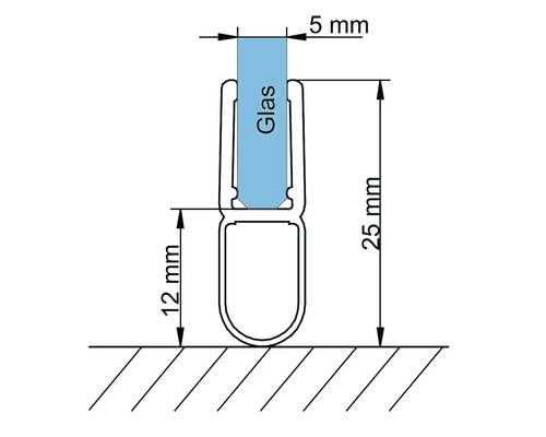 Teknisk ritning av en glastätningsprofil med dimensioner