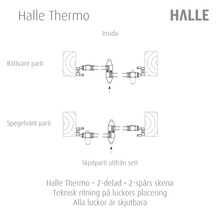 Teknisk ritning av Halle Thermo 2-delat 2-spårigt skjutdörrssystem för placering av luckorna