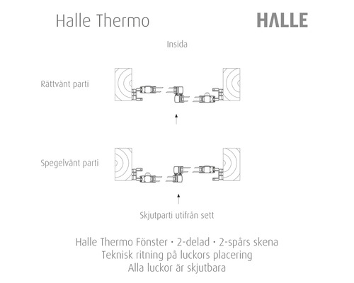Teknisk ritning av Halle Thermo fönster med två delar och två spårskenor