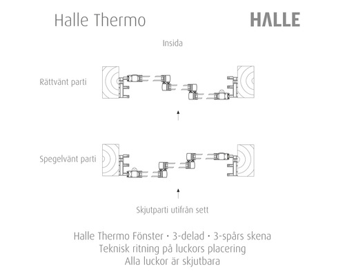 Teknisk ritning av Halle Thermo fönster med tre delar och tre spår