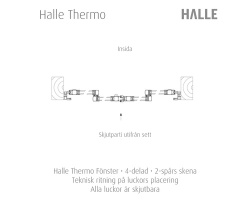 Teknisk ritning av Halle Thermo fönster med fyra delar och två spår