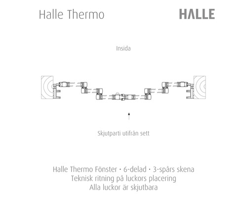 Halle Thermo fönster teknisk ritning med sex dörrar och tre spår