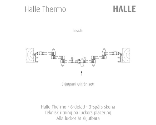Halle Thermo teknisk ritning över luckornas placering, 6-delad, 3-spårsskena
