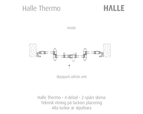 Teknisk ritning över placeringen av Halle Thermo skjutdörrar