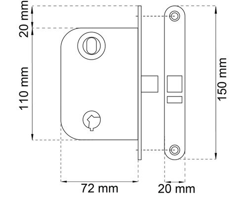 Teknisk ritning av ett instickslås med mått.