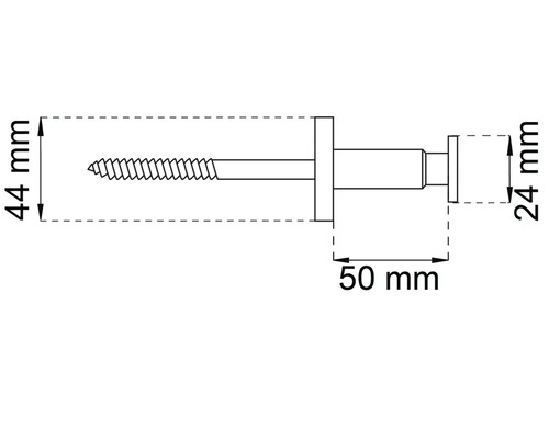 Teknisk ritning av en skruvkrok med måtten 44 mm, 50 mm och 24 mm.