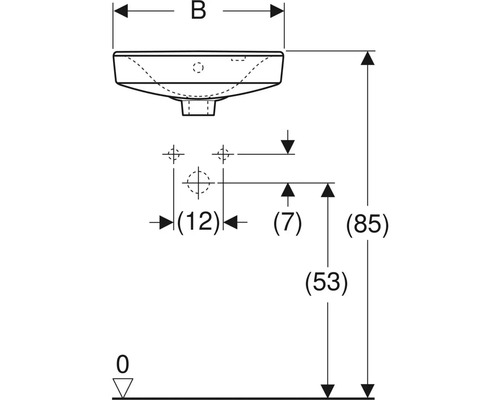 Teknisk ritning av ett handfat med måttangivelser