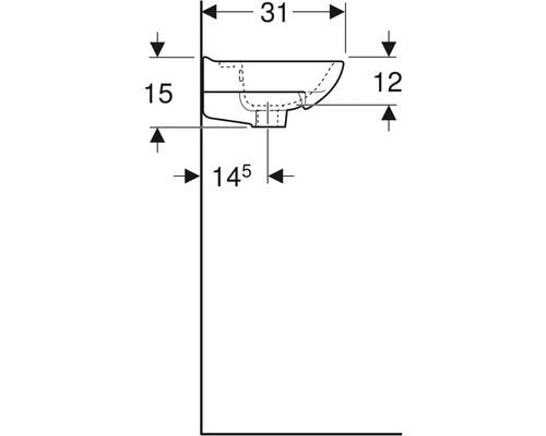 Teknisk ritning av ett tvättställ med måttangivelser.